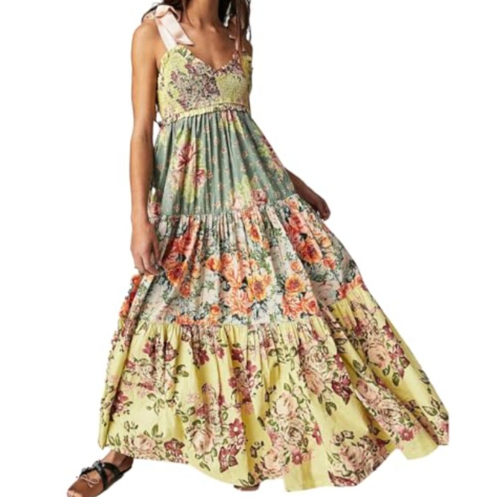 Free People Floral Maxi Dress in Green and Yellow